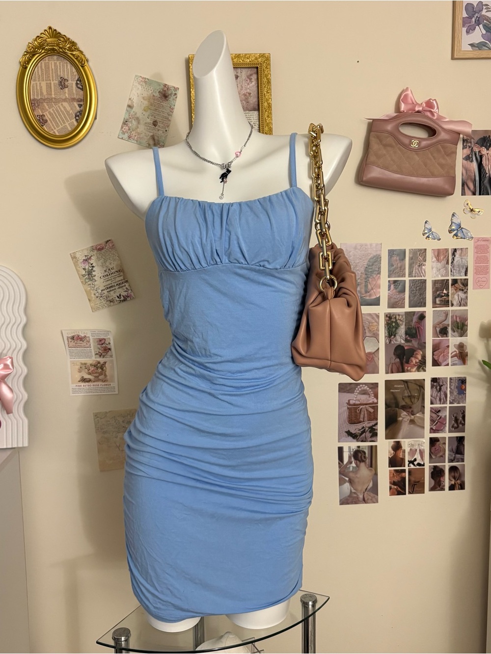 Blue Ruched Spaghetti Strap Bodycon Dress